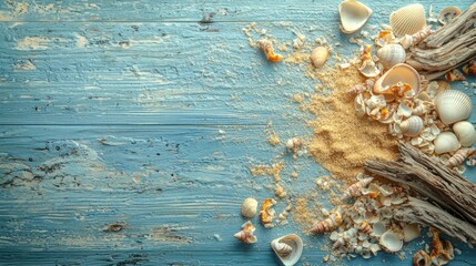 Seashells and driftwood on a rustic blue wooden surface evoke a serene coastal summer scene.