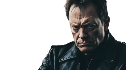 Intense Gaze of a Man in Leather Jacket Dramatic Lighting and Powerful Expression for Storytel