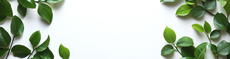 Fototapeta premium Banner with empty space for text, green tropical leaves on a white background, leaves hanging on top of each other, design for advertising, advertisement, websites