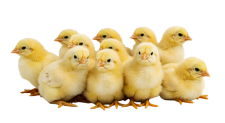 Group of Yellow Chicks Standing Together on a Clean White Background