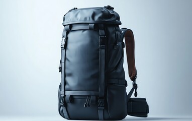 Naklejka premium Minimalist travel backpack on a white background, sleek and modern design, lightweight and durable for hiking, outdoor adventure gear, ultrarealistic, 8K