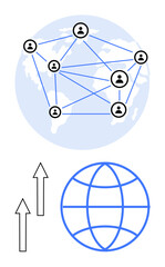 People connected via lines over a world map symbolizing communication. Globe and upward arrows convey progress. Ideal for teamwork, technology, networking, innovation, globalization, growth