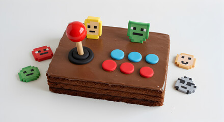 Sweet treat level up delicious arcade joystick cake with pixelated character toppers