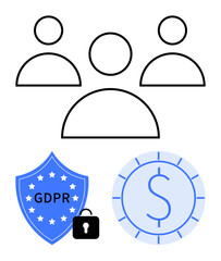 Group of people icons, GDPR shield with lock, and a coin outline symbolizing data security, user privacy, and financial transactions. Ideal for privacy, compliance, teamwork, finance economy