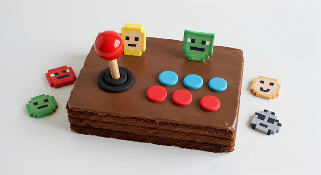 Sweet treat level up delicious arcade joystick cake with pixelated character toppers