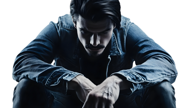 Man in denim jacket pensive portrait moody dark background