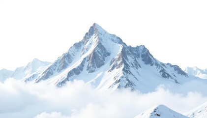 Snow-covered mountain peak isolated on stark white, cold, environment
