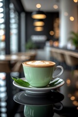 Fototapeta premium Latte Art in Green Cup on Glossy Table with Leaf Accent