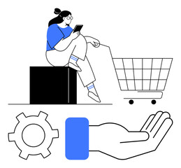 Woman sitting with smartphone, shopping cart icon, gear, and open hand symbolizing online shopping, support, assistance, service, technology e-commerce and customer care. Ideal for shopping