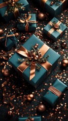 A collection of teal holiday gifts adorned with bronze ribbons and sparkling ornaments creates a festive scene.