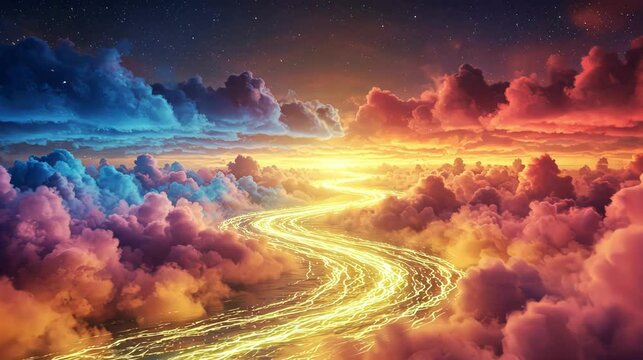 A vibrant, surreal pathway through colorful clouds, resembling a dreamscape at sunset.