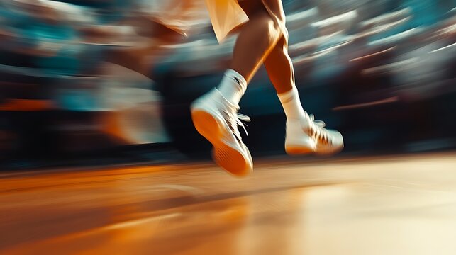 Dynamic motion of a basketball player's feet sprinting on a court, showcasing a blur effect from fast movement, emphasizing energy and athleticism