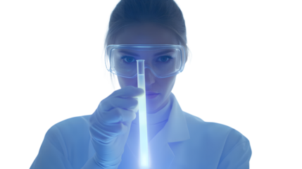 Scientist Examining a Test Tube with Blue Liquid in a Laboratory Setting