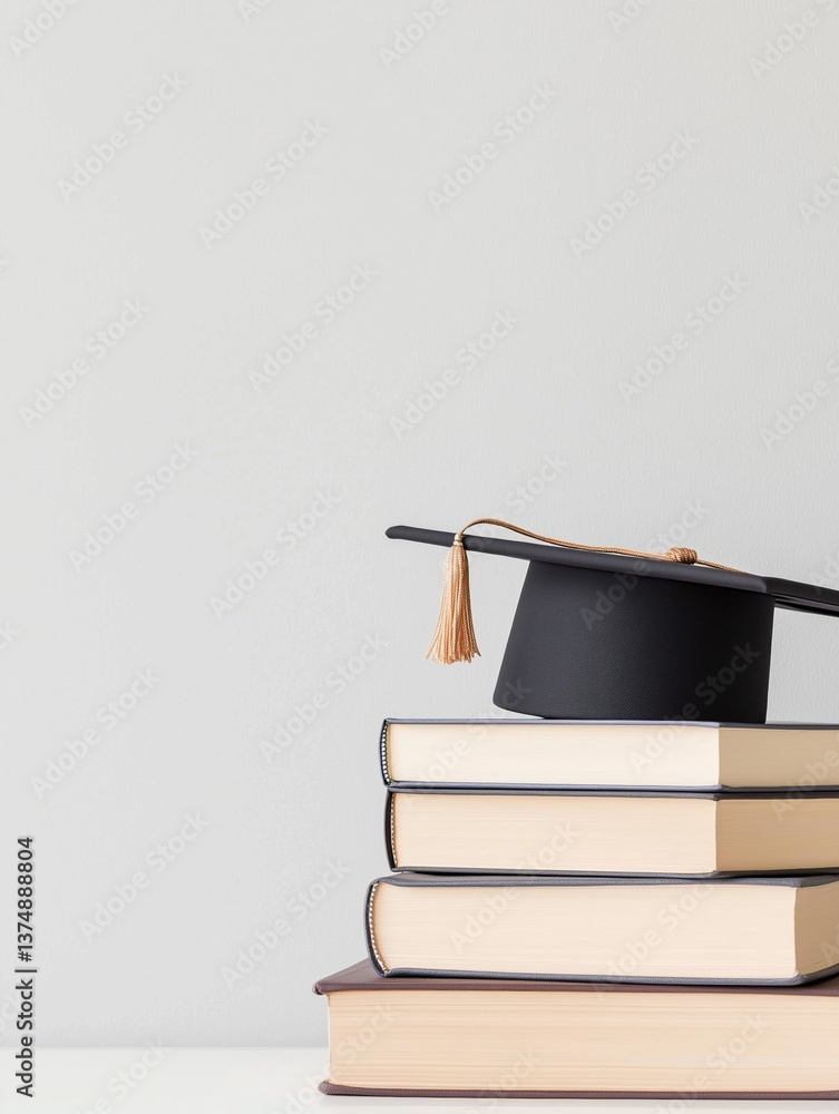 Poster stack of three books with a black graduation cap on top. the books are of different sizes and colors