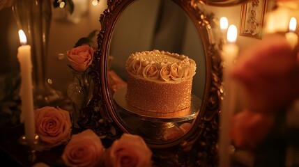 A beautifully decorated cake surrounded by soft candlelight and fresh roses, reflecting in an ornate vintage mirror, creating a warm and romantic atmosphere
