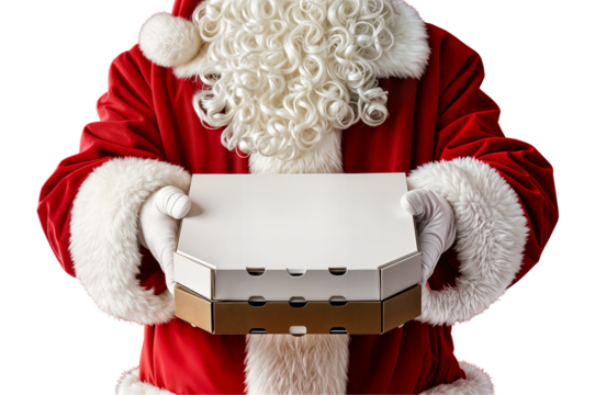 white pizza box in the hands of santa claus in white mittens with a beard in a red coat christmas fast food delivery new year's eve promotion work on holidays catering copyspace mock up banner