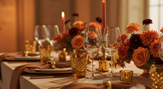 Elegant autumnal tablescape featuring gold-rimmed wine glasses and floral arrangements