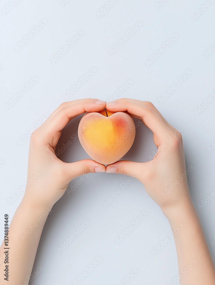 Poster pair of hands holding a peach in the shape of a heart. the hands are positioned in a way that the fi