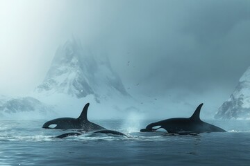 Fototapeta premium Three orcas glide through calm waters surrounded by foggy mountains and a tranquil icy backdrop, highlighting nature's beauty Generative AI