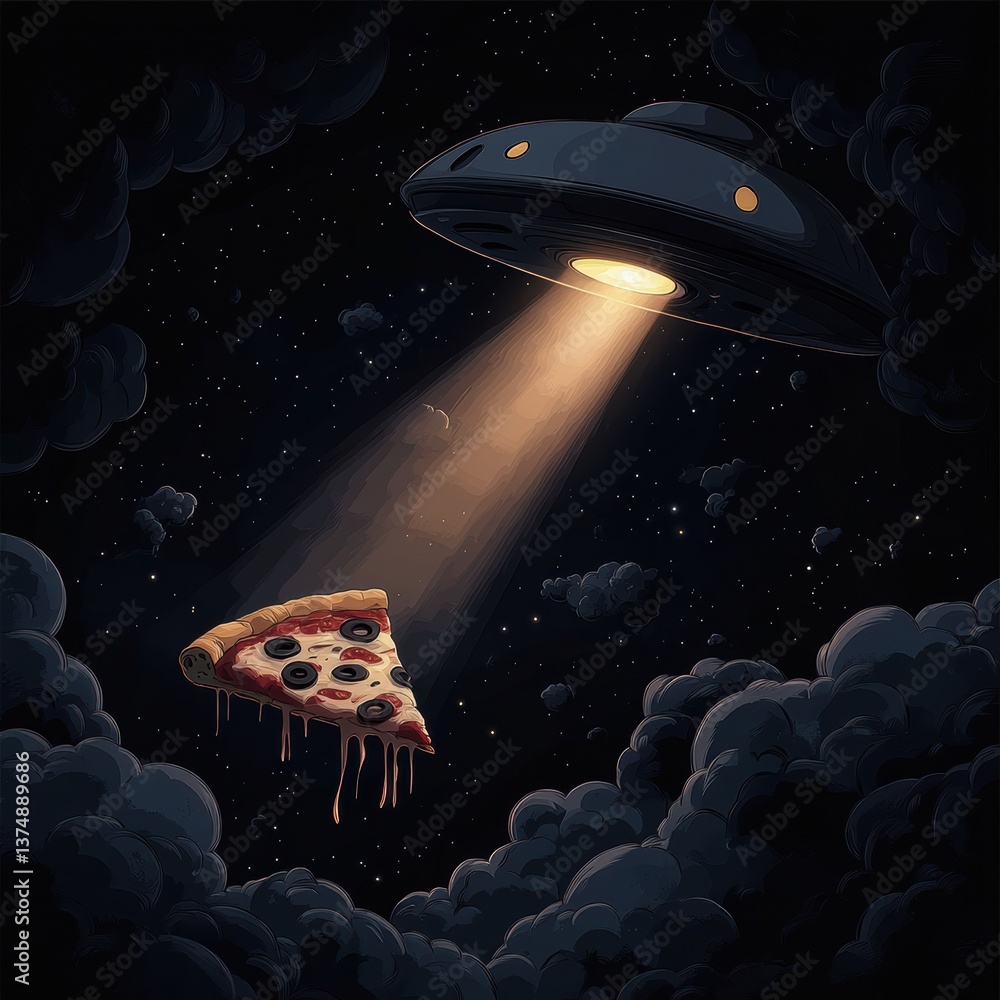 Aufkleber charming ufo beams up a slice of pizza in a cosmic adventure generative ai