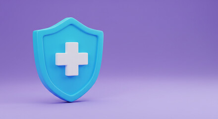 Fototapeta premium A reassuring blue shield bearing a white cross, symbolizing health protection and safety, rendered in a clean, minimalist 3D style against a soft purple backdrop.