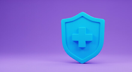 Obraz premium A vibrant blue shield, emblazoned with a reassuring cross, symbolizes unwavering healthcare protection against a soft purple backdrop.