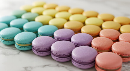 Colorful macarons beautifully arranged in a gradient on a marble surface, delectable treats
