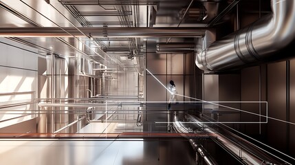 An industrial interior featuring complex metallic pipelines and structured architecture with a focused source of light creating dramatic shadows and reflections