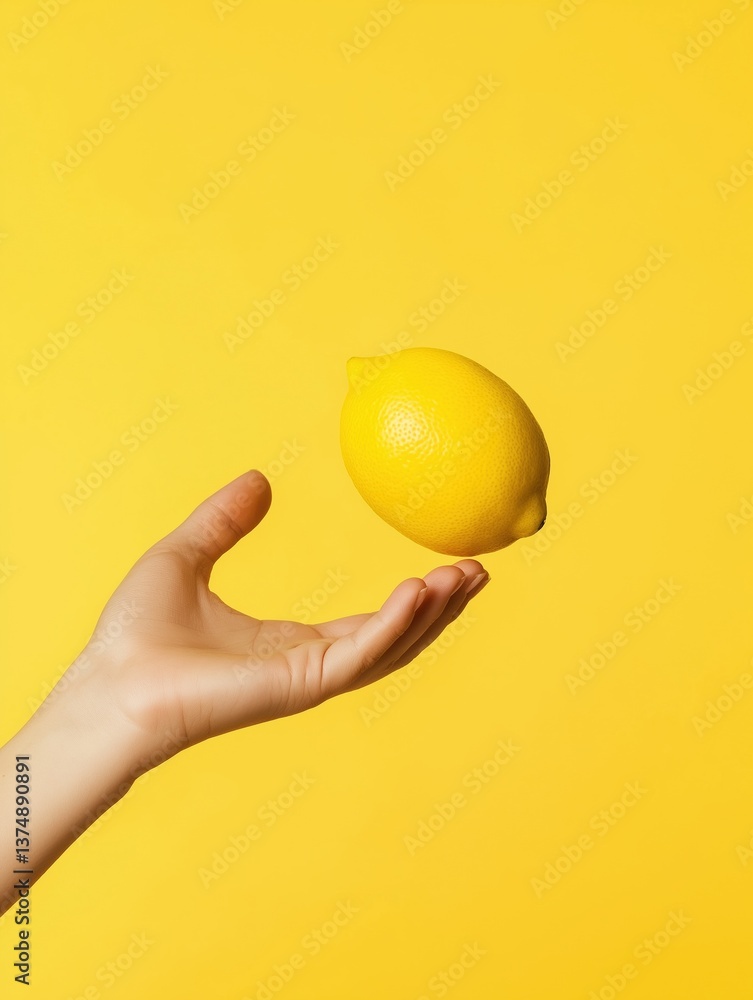 Poster hand holding a single lemon against a bright yellow background. the hand is positioned in a way that