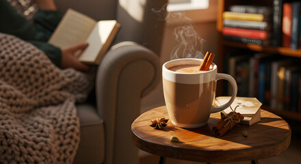Fototapeta premium Inviting scene a steaming mug of chai and a captivating book offers calm time