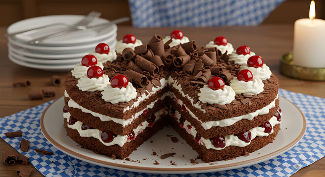 Indulgent black forest cake with cherries for festive celebration with a candle