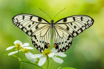 Fototapeta premium A delicate butterfly showcases its intricate wing patterns while resting on white flowers in a vibrant garden during springtime Generative AI