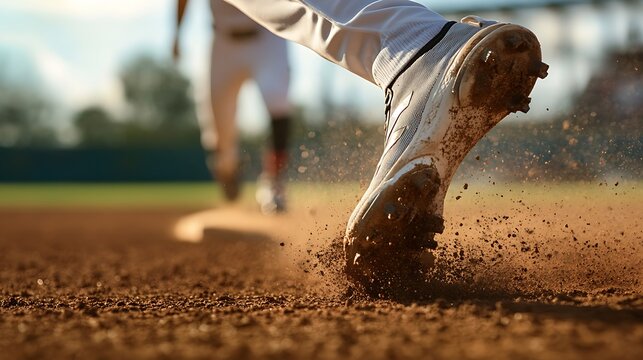 A close-up of a baseball player's cleat kicking up dust as they sprint towards a base on a dirt field with a blurred player in the background
