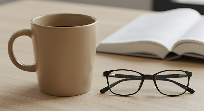 Quiet moments: Coffee, eyeglasses and an open book for relaxation and reading