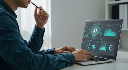 A focused programmer contemplates AI-driven data visualizations on his laptop, thoughtfully analyzing complex algorithms and technological advancements displayed on a sleek, modern interface.