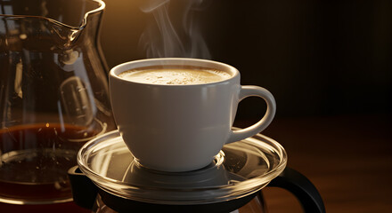 Fototapeta premium Aromatic Coffee Cup on a Carafe's Warmer Plate, Presenting Serene Warmth and Comfort