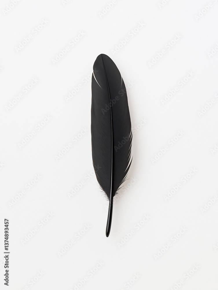 Poster black feather on a white background. the feather is in the center of the image and is the only objec