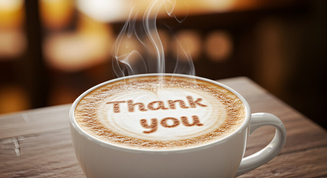 Gratitude Brew: A Coffee Cup with a Heartfelt Message in the Foamy Latte Art