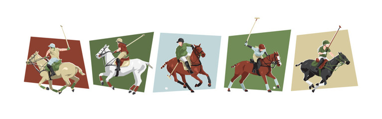 Polo sport. Female polo players on horse. Sport, horse, competition. Different action, pose. Cartoon flat vector illustration. © Irkhamsterstock