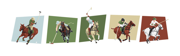 Polo sport. Male polo players on horse. Sport, horse, competition. Different action, pose. Cartoon flat vector illustration. © Irkhamsterstock