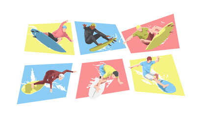 Obraz premium Male surfer characters. Different action, pose. Sport, surfing, hobby, summer theme. Cartoon flat vector illustration.