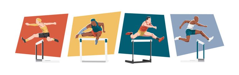 Hurdling male athlete characters. Sport, running, race concept. Different actions, poses. Cartoon flat vector illustration.