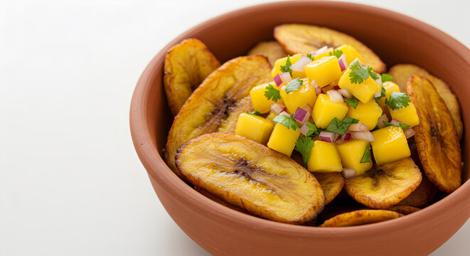 Delicious crispy plantain chips with refreshing mango salsa served in clay bowl