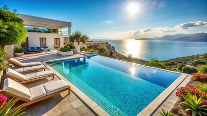 Fototapeta premium Luxury Crete Villa Pool, Greek Island Paradise