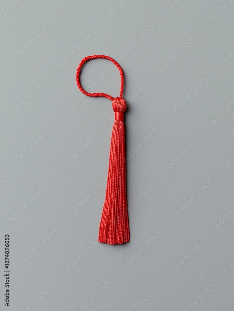 Poster photograph of a red tassel hanging from a string. the string is made up of thin, red threads that ar
