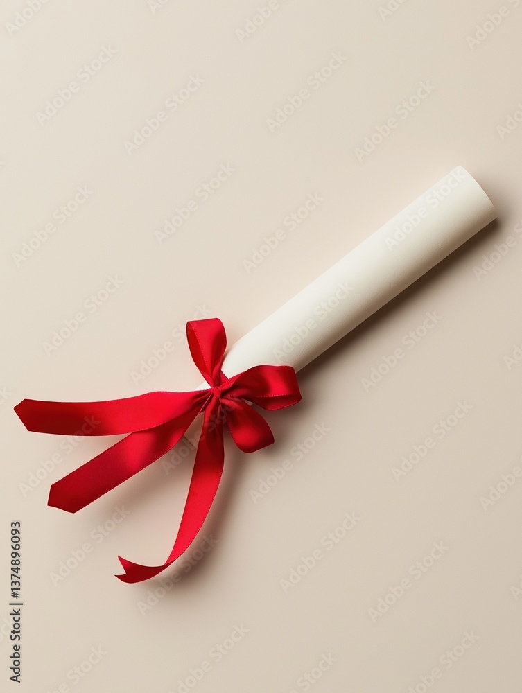 Poster white rolled-up paper with a red ribbon tied in a bow on top. the ribbon is tied in the shape of a k