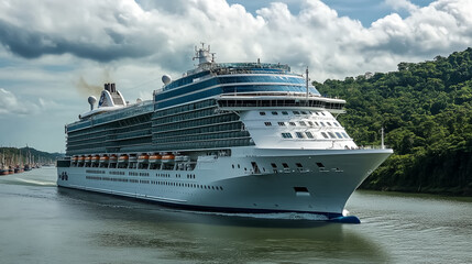 A luxury cruise ship sails through the canal, surrounded by lush landscapes and tall ships lining the waterway.