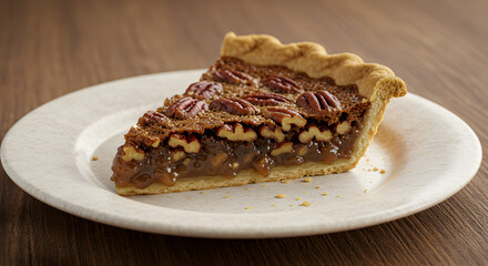 Delicious slice of homemade pecan pie, served on a rustic white plate