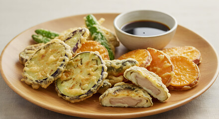 Japanese Vegetable Tempura Platter with Dipping Sauce Delightful culinary presentation