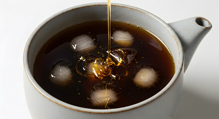 Refreshing cold buckwheat tea with honey being poured into a ceramic pot